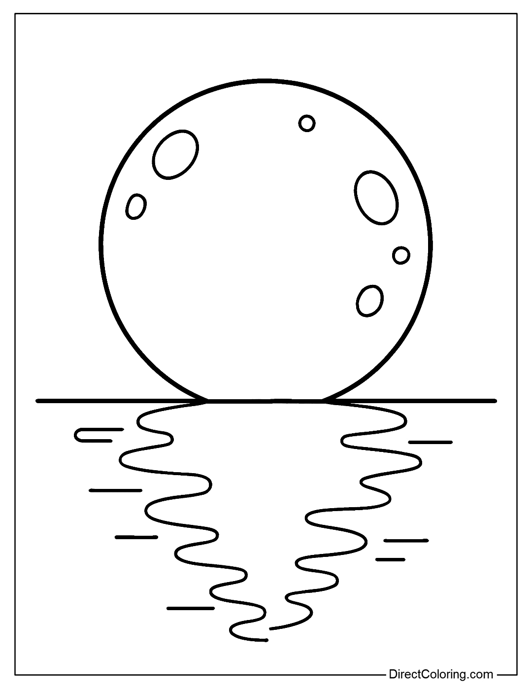 Coloring page of the moon reflecting faintly on a calm lake